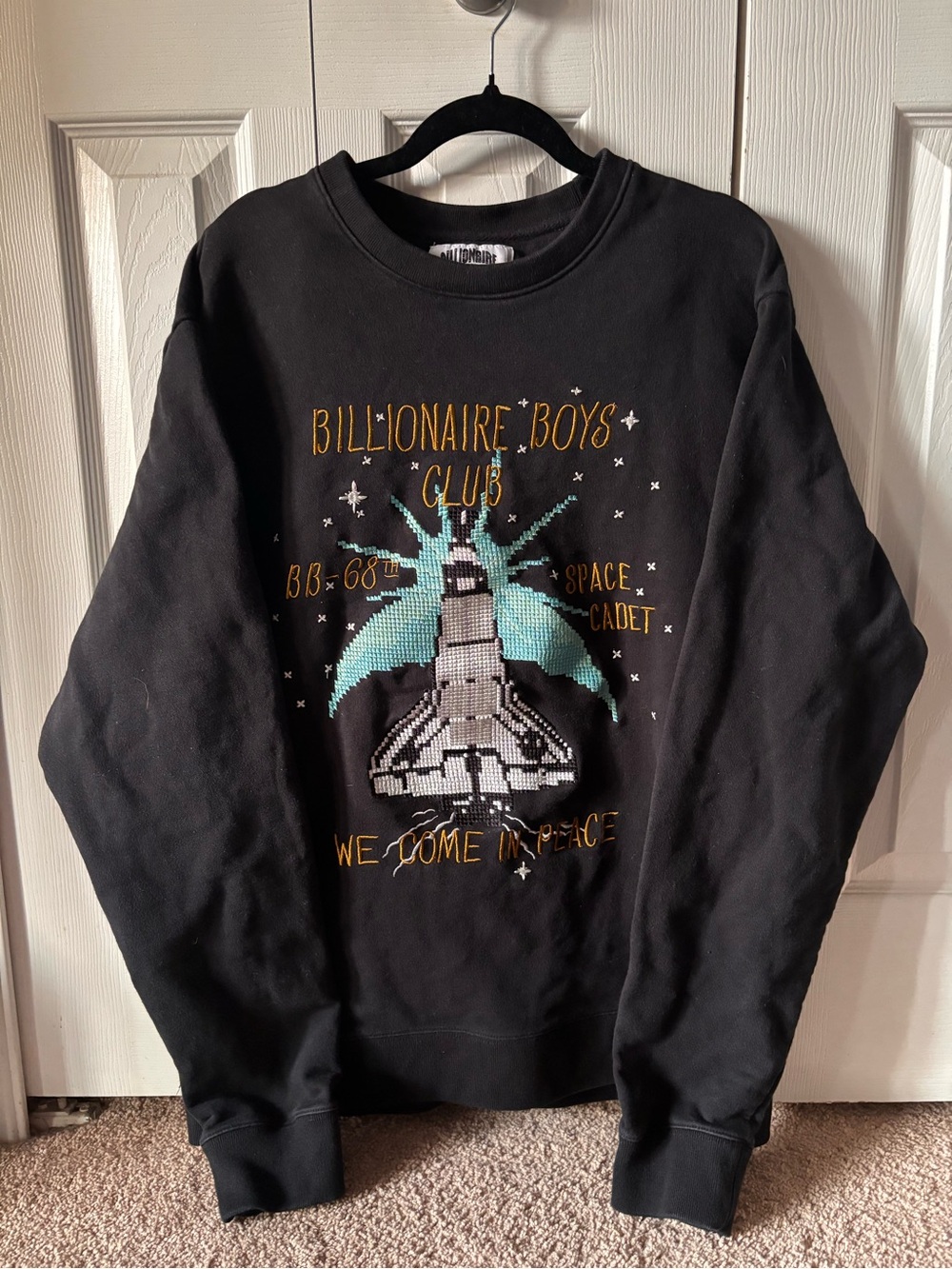 Billionaire Boys Club Black Crewneck with Teal and Gold Shuttle Graphic